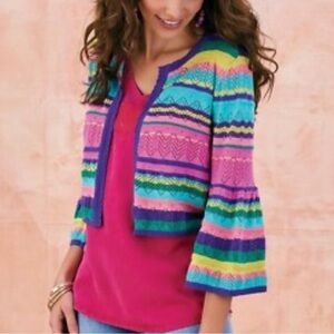 Soft Surroundings Rainbow Striped Crochet Bell Sleeve Open Front Cardigan 3X